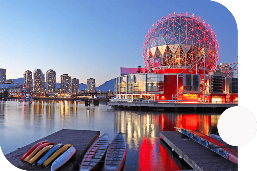Science-World-and-the-docks-of-False-Creek-in-Vancouver-British-Columbia-with-downtown-skyline-in-the-background